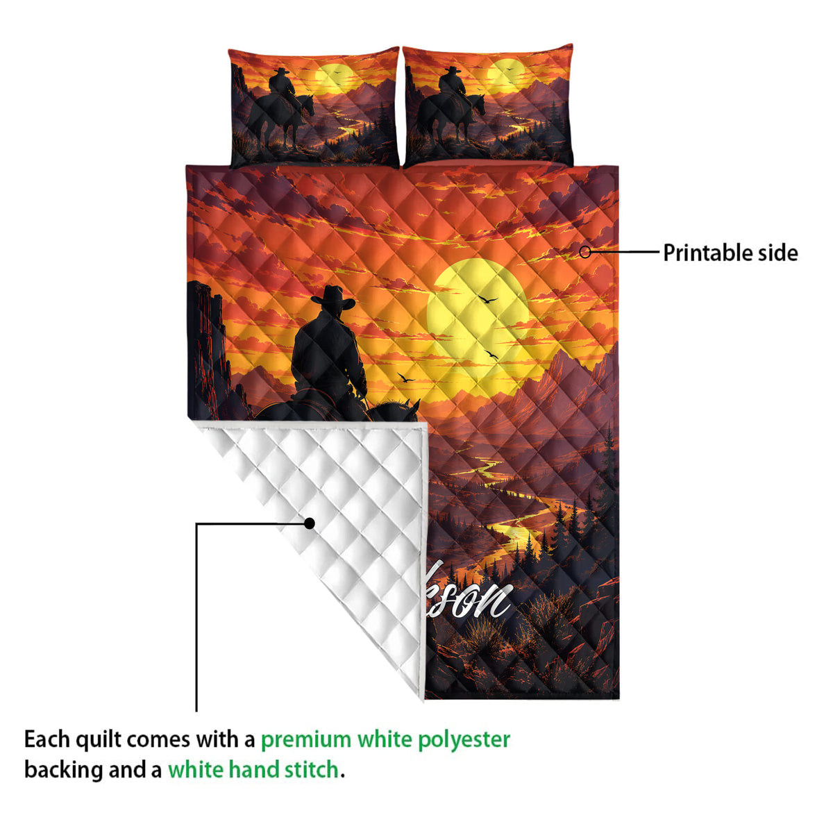 Cowboy quilt blanket showing its vibrant printed front and white quilted backing in a corner detail