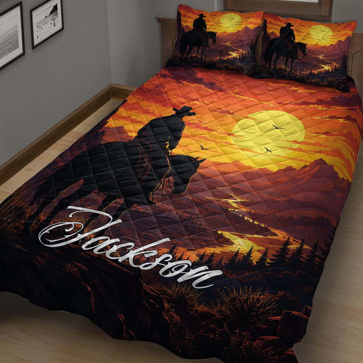 Western cowboy quilt blanket spread across a bed with horse rider silhouettes, desert mountains, and sunset colors