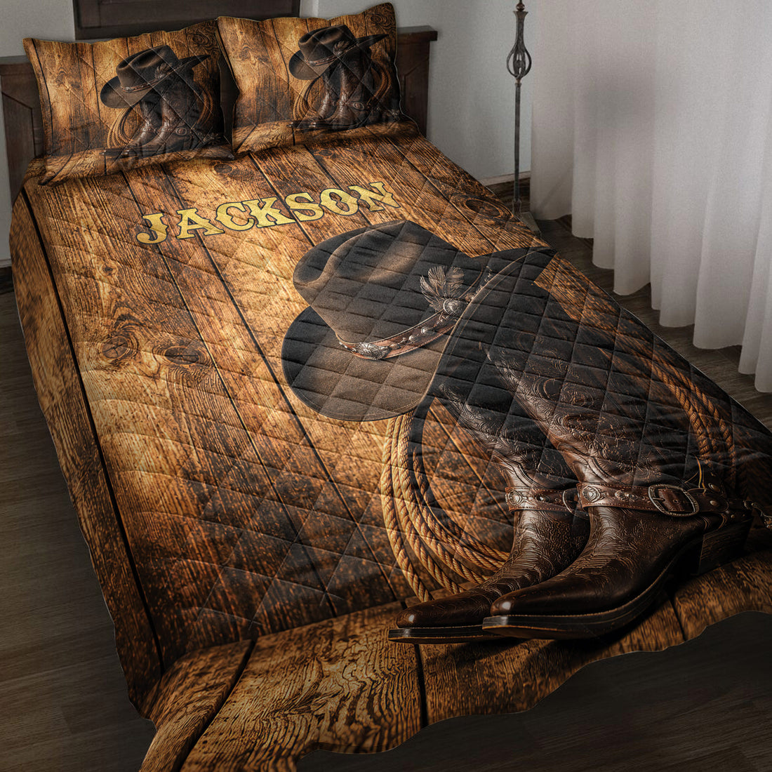 Cowboy quilt blanket on a bed with Western boots, hats, rope, rustic wood texture, and bold Western artwork