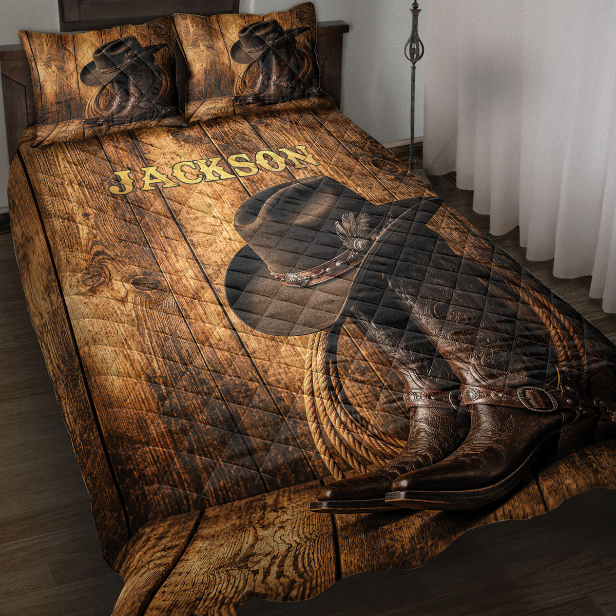 Cowboy quilt blanket on a bed with Western boots, hats, rope, rustic wood texture, and bold Western artwork