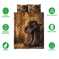 Cowboy quilt bedding set presentation with Western boots and hats over rustic wood-plank artwork