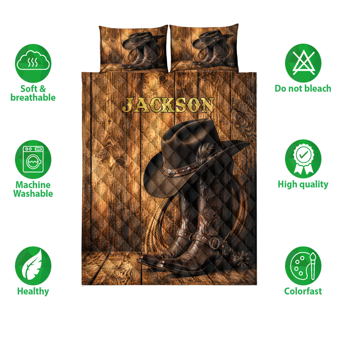 Cowboy quilt bedding set presentation with Western boots and hats over rustic wood-plank artwork
