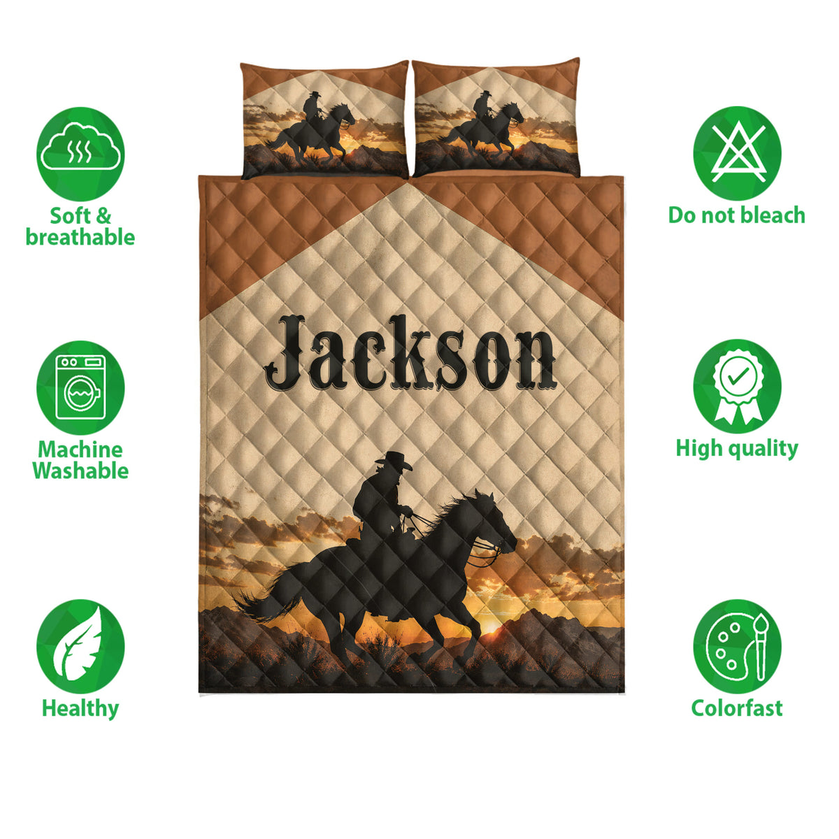 Western cowboy quilt bedding set shown with horseback rider artwork, mountain scenery, and warm sunset colors