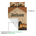 Cowboy quilt blanket detail showing a printed Western scene, white quilted backing, and stitched construction