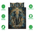 Blue and gold elephant quilt bedding set shown with care and quality feature icons