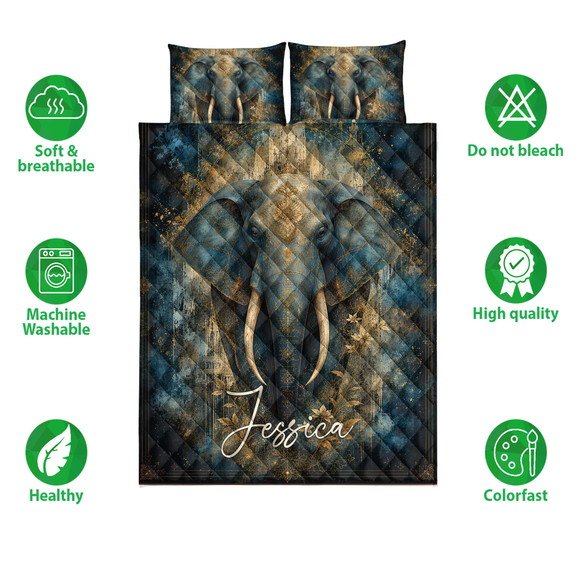 Blue and gold elephant quilt bedding set shown with care and quality feature icons