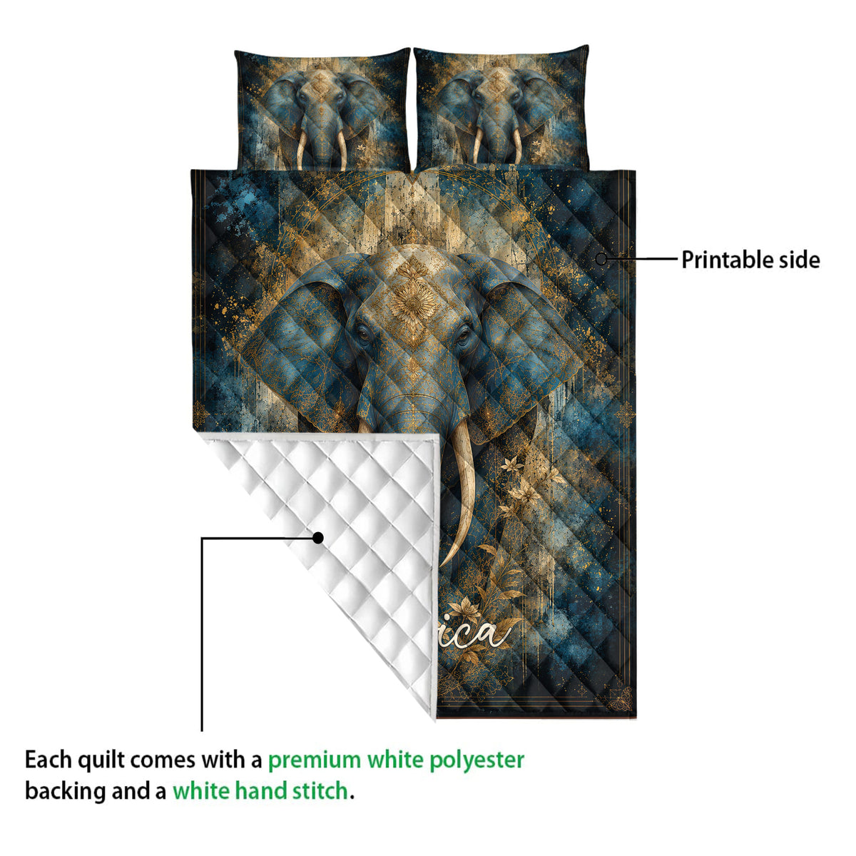 Elephant quilt bedding set showing the printed front and white diamond-quilted backing