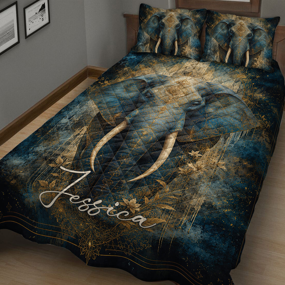 Close bedroom view of an ornate blue and gold elephant quilt blanket bedding set
