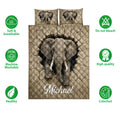 Elephant quilt bedding set shown with front-facing elephant artwork and product feature icons
