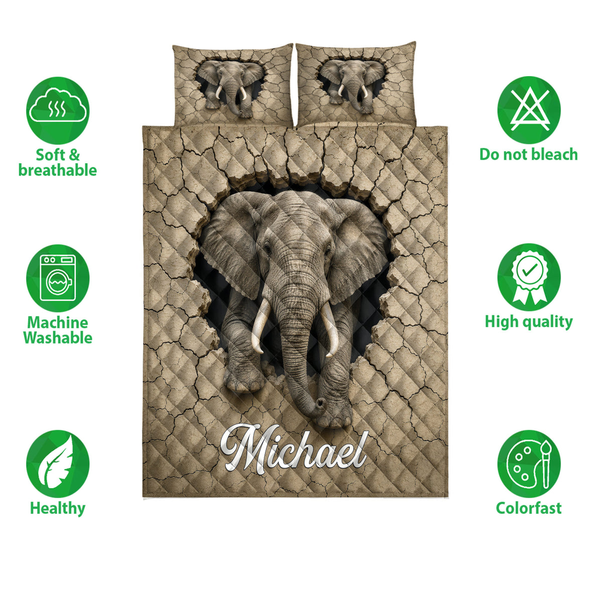 Elephant quilt bedding set shown with front-facing elephant artwork and product feature icons