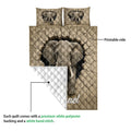 Elephant quilt blanket detail showing the printed front and white quilted backing