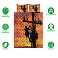 Lineman quilt bedding set displayed with utility worker silhouettes, power poles, and warm sunset artwork