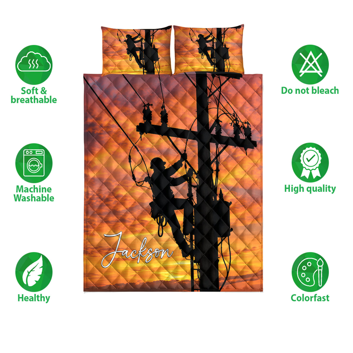 Lineman quilt bedding set displayed with utility worker silhouettes, power poles, and warm sunset artwork