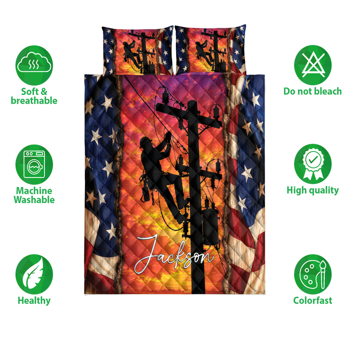 Lineman quilt bedding set shown with utility worker artwork and soft breathable bedding feature icons