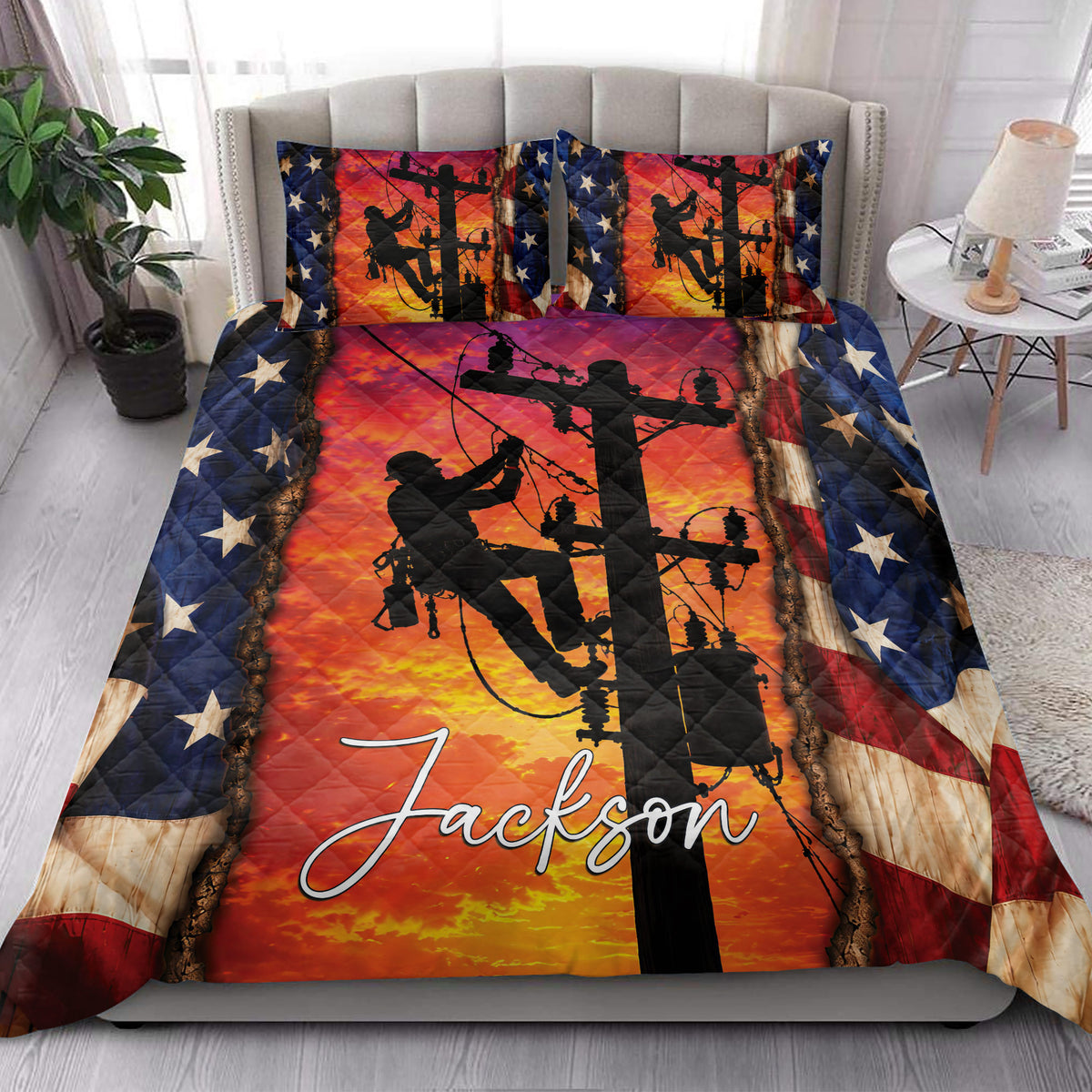 Lineman quilt bedding set styled in a bright bedroom with electrical lineworker silhouettes and star borders