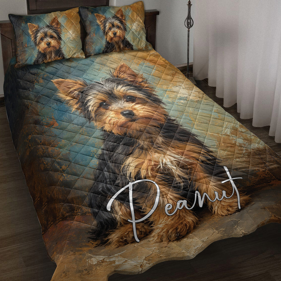 Yorkshire Terrier quilt blanket displayed on a bed with matching dog artwork and teal, bronze, and black tones
