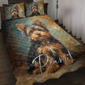 Yorkshire Terrier quilt blanket displayed on a bed with matching dog artwork and teal, bronze, and black tones