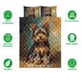 Yorkshire Terrier quilt bedding set shown with coordinated dog artwork and illustrated product feature icons