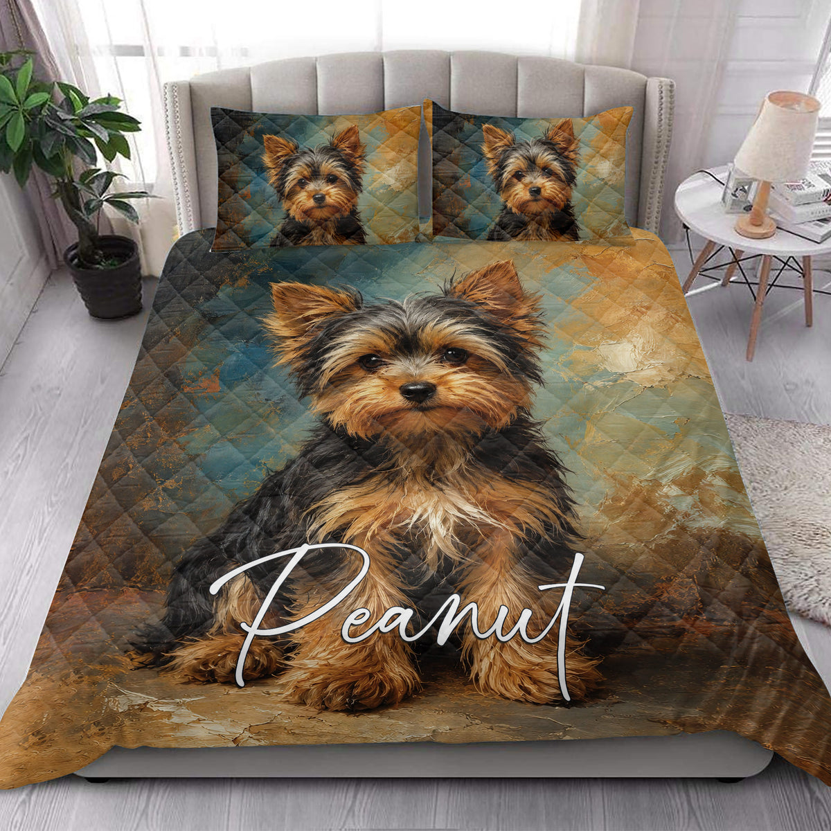 Yorkshire Terrier quilt blanket styled in a bright bedroom with coordinated dog artwork on the bed and pillows