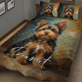 Close bedroom view of a Yorkshire Terrier quilt blanket featuring a large realistic dog portrait and warm earthy colors