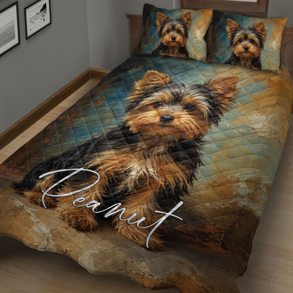 Close bedroom view of a Yorkshire Terrier quilt blanket featuring a large realistic dog portrait and warm earthy colors