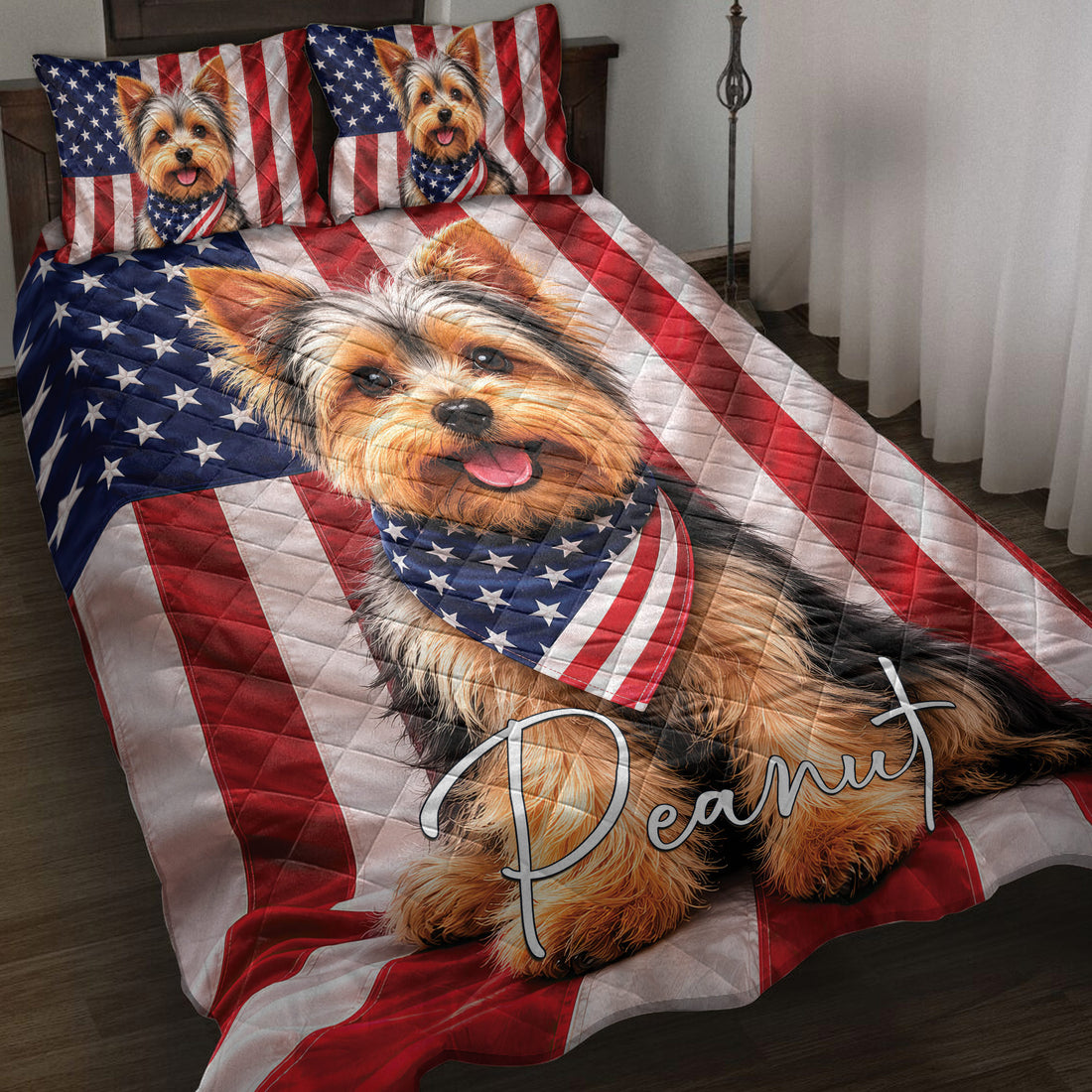 Yorkie quilt blanket displayed on a bed with patriotic stars and stripes artwork