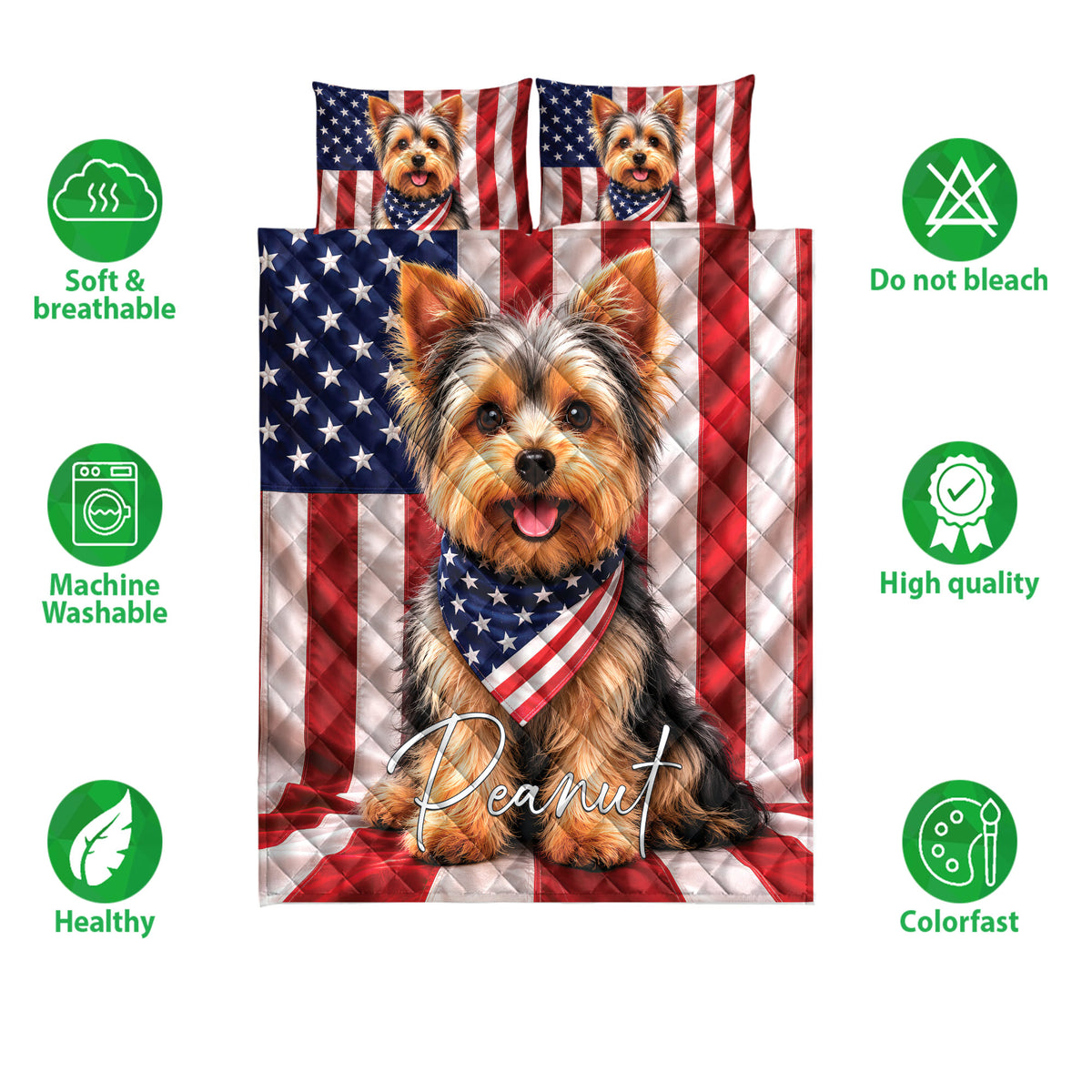 Yorkie quilt bedding set shown front-facing with patriotic artwork and product feature icons