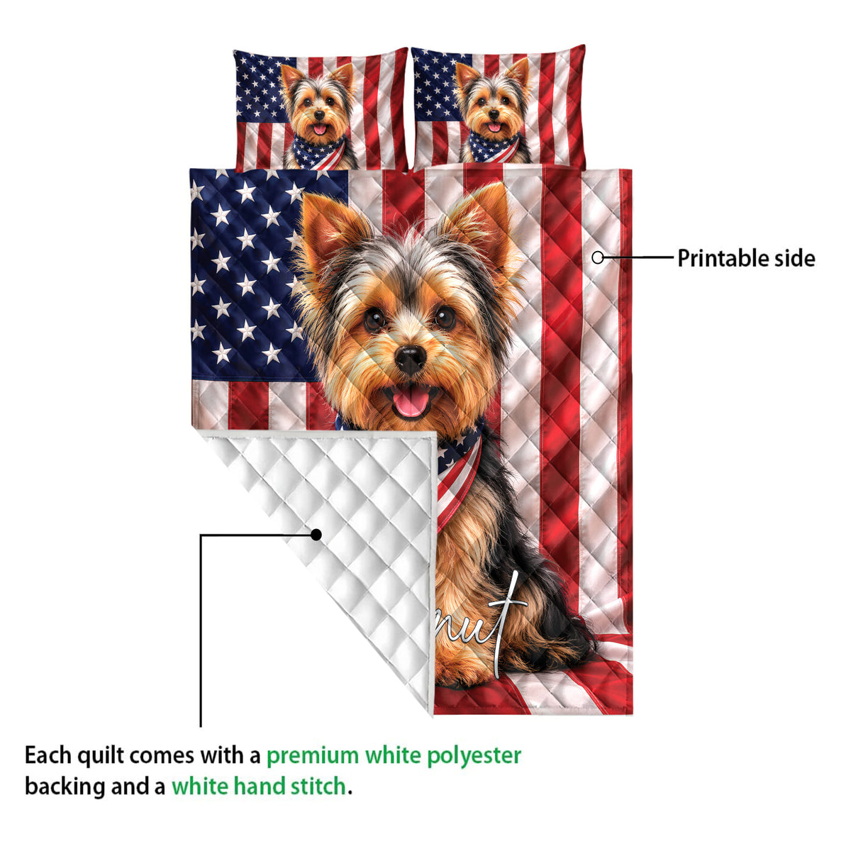 Yorkie quilt blanket showing the printed front and white quilted backing