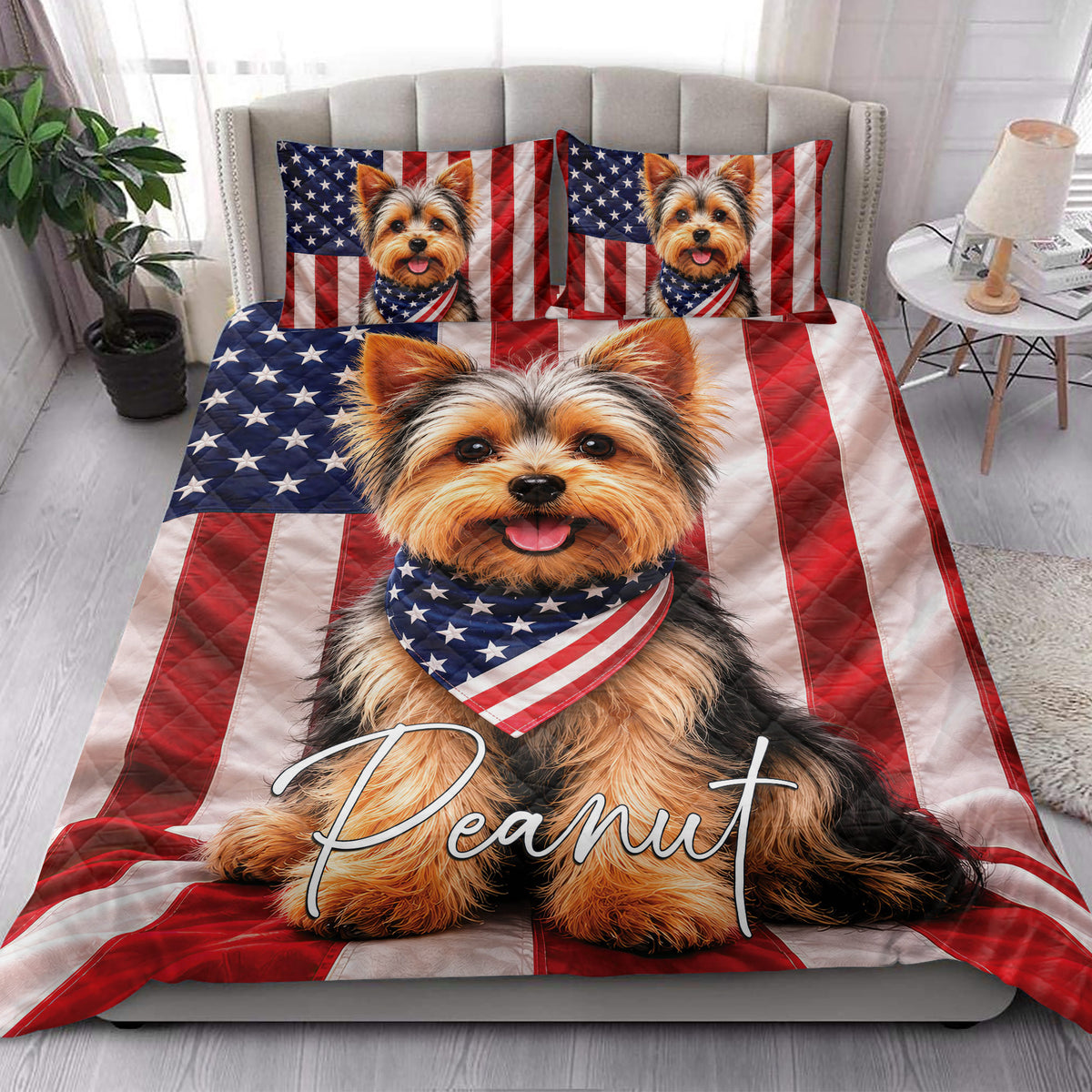 Yorkie quilt blanket styled on a bedroom bed with patriotic red, white, and blue artwork