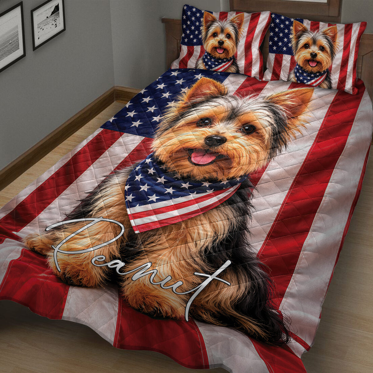 Yorkie quilt bedding set shown on a bed with a large dog portrait and American flag design