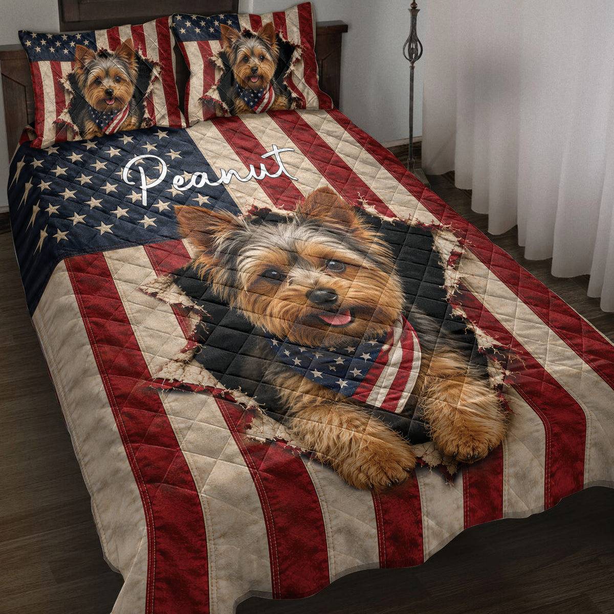 Yorkshire Terrier quilt blanket spread across a bed with patriotic stars and stripes artwork