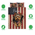Yorkshire Terrier quilt bedding set displayed with patriotic artwork and product feature icons