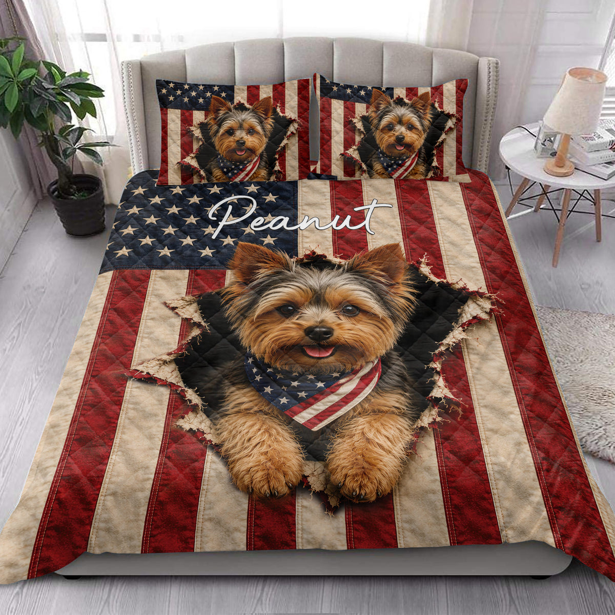 Patriotic Yorkshire Terrier quilt bedding styled on a bright bedroom bed