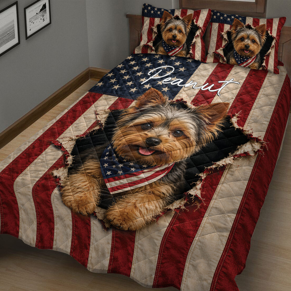 Close bedroom view of a Yorkshire Terrier quilt with stars, stripes, and dog artwork