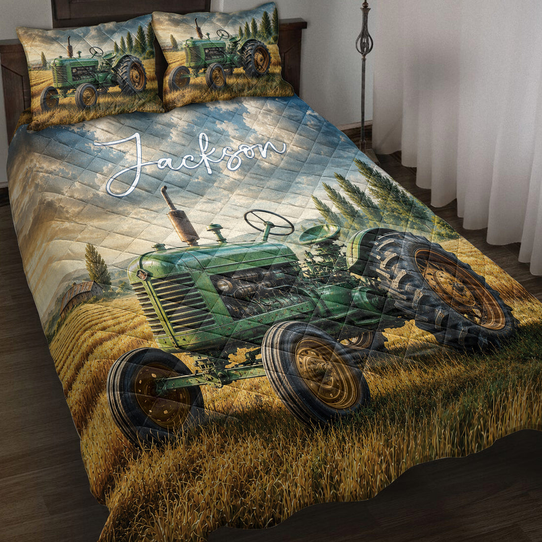 Green tractor quilt blanket displayed on a bed with matching tractor artwork and golden farm field scenery