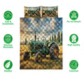 Tractor quilt bedding set shown front-facing with green farm machinery artwork and feature icons