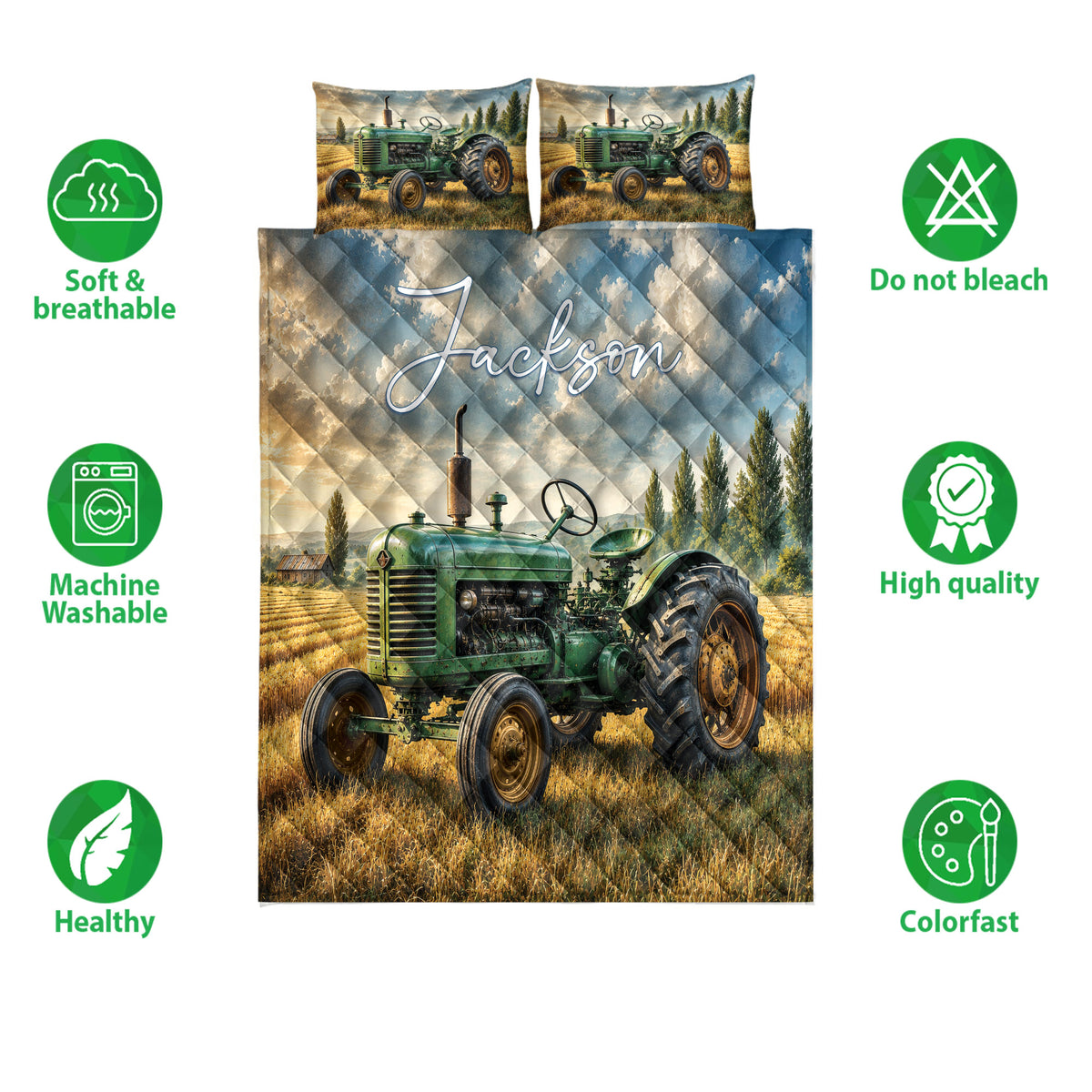 Tractor quilt bedding set shown front-facing with green farm machinery artwork and feature icons