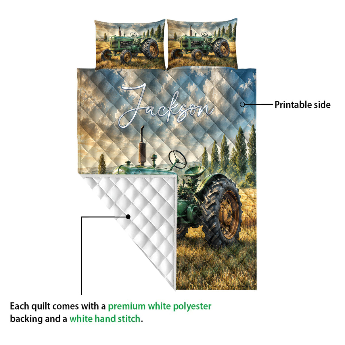 Tractor quilt detail showing the printed farm scene and white diamond-stitched backing