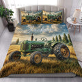 Green tractor quilt blanket styled in a bright bedroom with rustic farm-inspired artwork