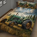 Close bedroom view of a tractor quilt blanket featuring vintage farm machinery in a wheat field