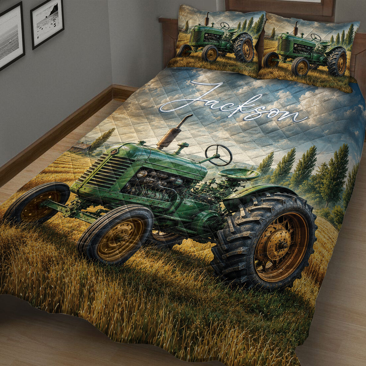 Close bedroom view of a tractor quilt blanket featuring vintage farm machinery in a wheat field