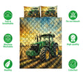 Green tractor quilt bedding set shown with farm field artwork and soft breathable design icons