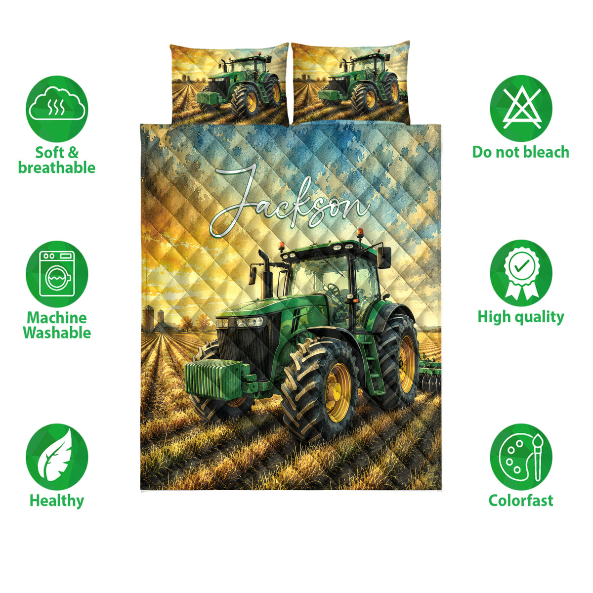 Green tractor quilt bedding set shown with farm field artwork and soft breathable design icons
