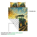 Tractor quilt showing the printed farm scene and white quilted backing construction