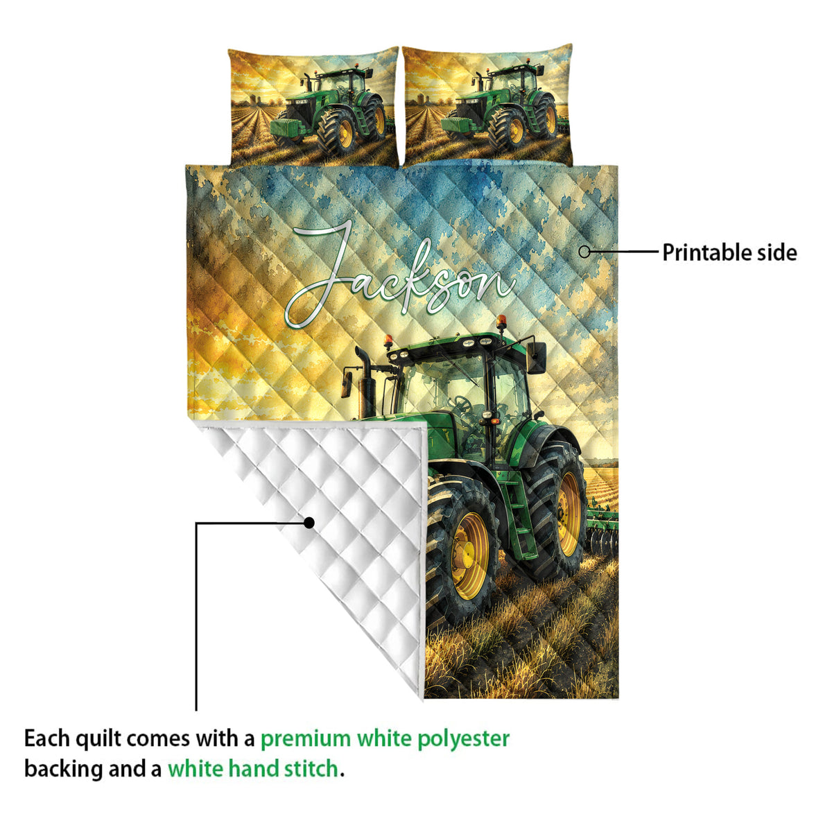 Tractor quilt showing the printed farm scene and white quilted backing construction