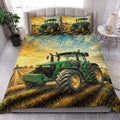 Tractor quilt bedding styled in a bright bedroom with green farm machinery and field artwork