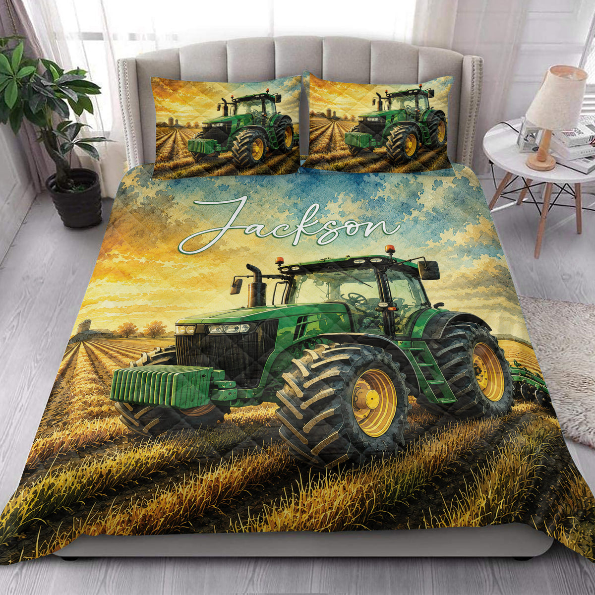 Tractor quilt bedding styled in a bright bedroom with green farm machinery and field artwork