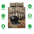 Bowling quilt bedding set shown with bowling pins, black balls, and feature icons around the design