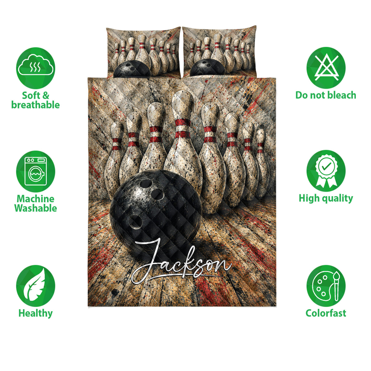 Bowling quilt bedding set shown with bowling pins, black balls, and feature icons around the design