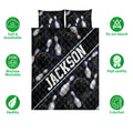Bowling quilt bedding set shown with matching pillowcases and feature icons around the printed sports design